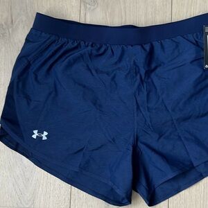 Under Armour athletic shorts lined 3” drawstring waist, size M navy high rise